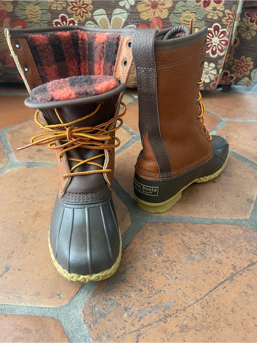 L.L. Bean Signature Brown Leather Buffalo plaid Cabincore Preppy Heritage Boot